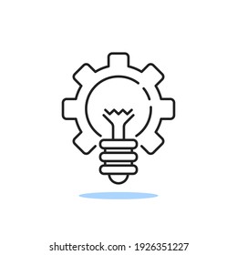 solution logo with thin line light bulb and gear. stroke flat trend modern aha moment logotype graphic lineart art design element isolated on white. concept of innovative power and genius or fact