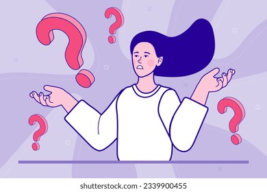 Projektmanagement-Übersicht. Denken Sie an eine Frau, die aussieht. Junge Frau zweifelt und hinterfragt alles. Junge Mädchen in ungezwungenen Kleidern, umgeben von einem Fragezeichen. Vektorgrafik-Illustration.