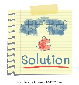 Solution message with sketching of last piece of jigsaw puzzle, on note paper, isolated on white.  