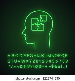 Solution neon light icon. Solve problem. Thinking process. Find solution. Resolve issue. Insight. Head with puzzles inside. Glowing sign with alphabet, numbers. Vector isolated illustration