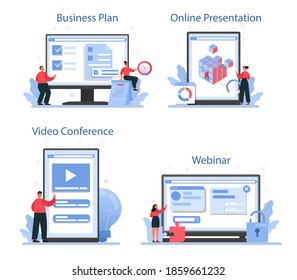 Solution online service or platform set. Solving the problem and finding creative solution. Business challenge. Online presentation, business plan, webinar, video conference. Flat vector illustration