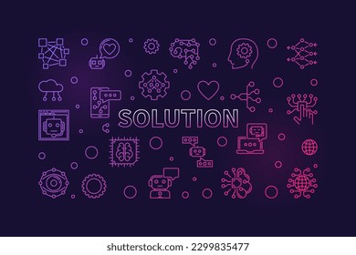 Solution outline horizontal vector colorful banner. Neural Network and AI Technology concept linear illustration on dark background