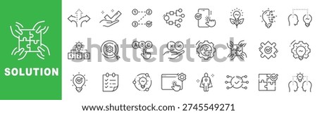 Solution outline icon set featuring problem solving, strategy, innovation, teamwork, workflow optimization, decision making and business consulting concepts in editable stroke line design
