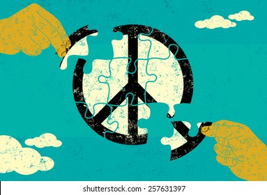 Solution for Peace. Two hands connecting puzzle pieces to find a solution for peace. The hands and puzzle pieces are on a separate labeled layer from the background.