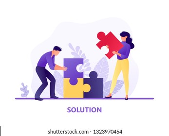 Solution. People fitting together pieces of a jigsaw puzzle. Cooperation and teamwork, solutions and problem solving. Flat concept vector illustration for web page, website and mobile