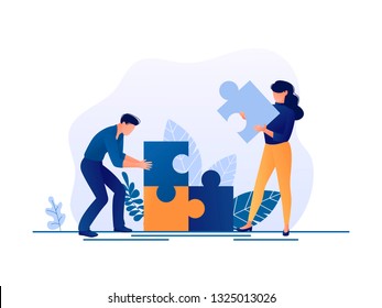 Solution. People fitting together pieces of a jigsaw puzzle. Cooperation and teamwork, solutions and problem solving. Flat concept vector illustration for web page, website and mobile