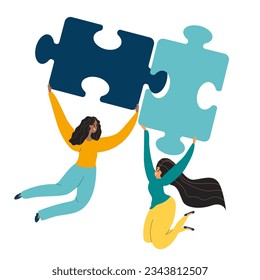 Solution. People fitting together pieces of a jigsaw puzzle. Cooperation and teamwork, solutions and problem solving. Flat concept vector illustration for web page, website and mobile