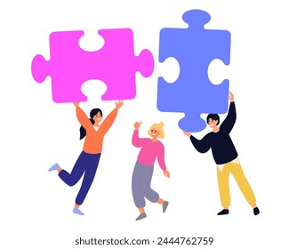 Solution. People fitting together pieces of a jigsaw puzzle. Cooperation and teamwork, solutions and problem solving. Flat concept vector illustration for web page, website and mobile