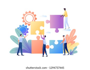 Solution with people puzzle. We have solution. For web banner, website, flyer, card, presentation. Business concept flat vector illustration 