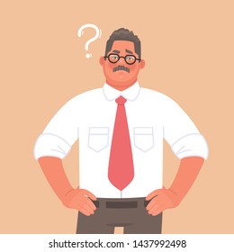 Solution to the problem or choice. A businessman or entrepreneur is thinking. Question mark. Vector illustration in cartoon style