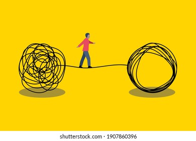 Solution problem concept. Man walking on a tightrope. Life coaching, transformation idea. Brainstorming in business. Vector illustration