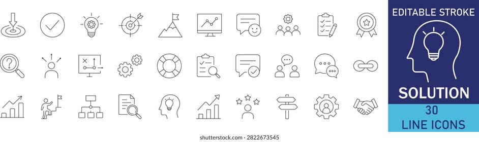 Solution and problem solving business strategy innovation line icon set. Vector symbols for lightbulb idea, key access, puzzle piece fit, target goal, checklist success, and answer decision.