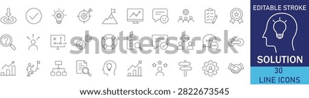 Solution and problem solving business strategy innovation line icon set. Vector symbols for lightbulb idea, key access, puzzle piece fit, target goal, checklist success, and answer decision.
