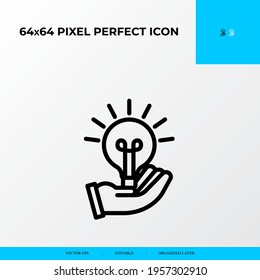 solution and problem solving vector line icon style. light bulb in hand concept icon. 64x64 Pixel perfect