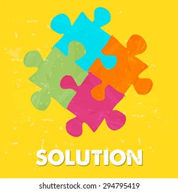 solution and puzzle pieces - text and sign in colorful grunge drawn style, business creative concept, vector