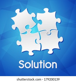 solution and puzzle pieces - white text with symbol over blue background, flat design, business creative concept, vector