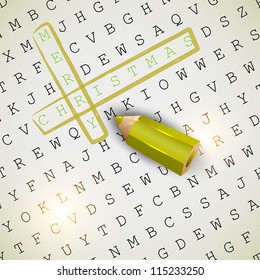 Solution of puzzle.Text " Merry Christmas" highlighted with green pencil. Vector background