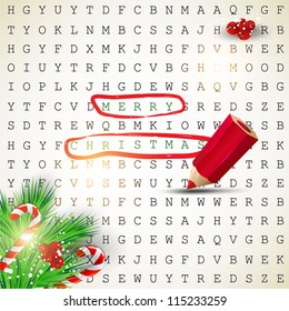 Solution of puzzle.Text " Merry Christmas" highlighted with red pencil. Vector background
