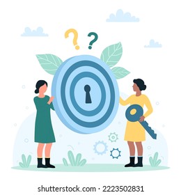 Solution or reason to solve business problem, find answer to question vector illustration. Cartoon tiny people holding key and darts target with keyhole inside, woman working to unlock and open lock