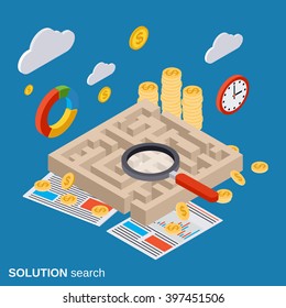 Solution search, labyrinth flat isometric vector concept illustration