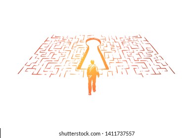 Solution searching, man finding exit in labyrinth, difficult and complicated situation, challenge metaphor. Person looking for answers, solving problem concept sketch. Hand drawn vector illustration