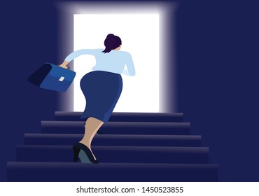 Solution searching. Path to freedom. Businesswoman walking up the stairs to the exit. Business concept illustration.