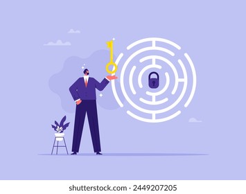 Solution searching and solving problem concept, businessman holding key and thinking how to pass the maze and unlock padlock, looking for answers