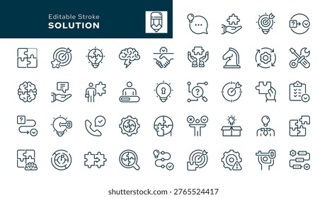 Solution. Set of outline icons.  Problem solving, resolve, solved, maze, thinking, result, issue, idea, success and more.  Line icon in linear style. Vector collection	

