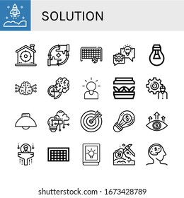 conjunto de iconos simples de la solución. Contiene iconos como Startup, Target, Focus, Goal, Lightbulb, Brain, Brainstorming, Artificial Light, Development, que se pueden utilizar para web, móvil y logotipo