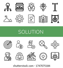 conjunto de iconos simples de la solución. Contiene iconos tales como creativo, Misión, luz artificial, Idea, bombilla, bombilla, barra de Iv, destino de dardos, se pueden usar para web, móvil y logotipo