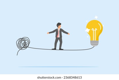 Solution simplification. a businessman walking on wires away from tangled section towards light. problem solving. Simple solution. looking for the most efficient way out among complex choices.