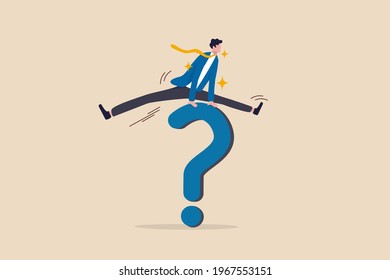 Solution to solve business problem, answer to hard question or ambition to overcome obstacle concept, business man jump over big question mark sign.