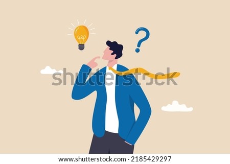 Solution to solve problem, asking question and answer, discover idea, solving business difficulty concept, thoughtful businessman think of solution to solve problem with lightbulb and question mark.