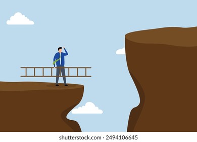 Solution to solve problem, businessman holds ladder that is to be climbed up to higher cliff.