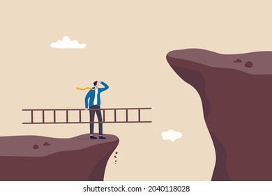 Solution to solve problem, motivation for business growth, improvement or brave to overcome difficulty or obstacle concept, confidence businessman holding ladder about to climb cross to higher cliff.