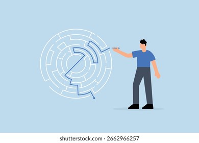 Solution solving business problem, businessman draws line to show solution to a maze problem