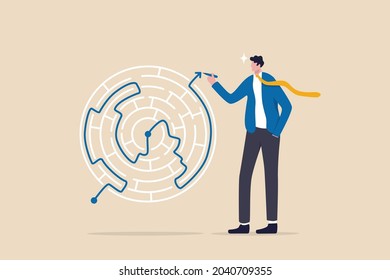 Solution solving business problem, skill and intelligence to overcome difficulty, challenge for leadership concept, smart businessman draw the line showing solution to solve labyrinth maze problem.