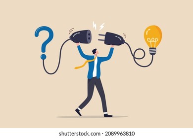Solution solving problem, answer to hard question or creativity idea and innovation help business success, leadership to overcome difficulty, businessman connect question mark with lightbulb solution. - Shutterstock ID 2089963810