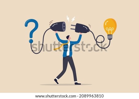 Solution solving problem, answer to hard question or creativity idea and innovation help business success, leadership to overcome difficulty, businessman connect question mark with lightbulb solution.