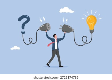 Solución para resolver problemas, liderazgo para superar dificultades, hombre de negocios conectar el signo de interrogación con la solución de bombilla, respuesta a preguntas difíciles o idea de creatividad e innovación ayudan al éxito empresarial.