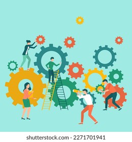 Solution solving problem, services to grow business or creativity idea and innovation help, business success, leadership, successful teamwork, businessman on ladder sets gear with great decision