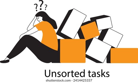 Solution solving problem.A lot of work.Woman fitting together pieces puzzle.Tiling puzzle.Stressful girl tangled thoughts.Sorting tasks.Dump of boxes.Stress at work.Deadlines at work. Sad female.