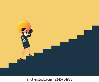 Solution and success concept.business woman holding a light bulb walking up the stairs
