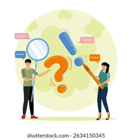 Solution or support idea concept, businessman and woman with exclamation mark, question mark with speech bubble conversation.