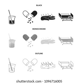 Solution, tablet, acupuncture, hospital gurney.Medicine set collection icons in black,monochrome,outline style vector symbol stock illustration web.