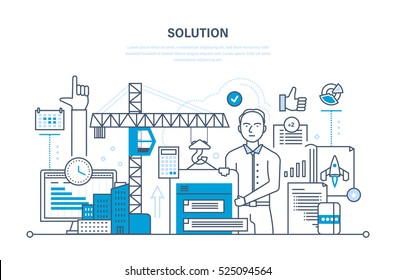 Solution of tasks, business solutions, marketing and planning, calculation, application development and software. Illustration thin line design of vector doodles, infographics elements.