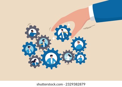 Solution for team, building organization, people management or career development, job position to help success, skill or efficiency concept, businessman hand put new employee to fix cogwheel gears.