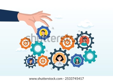 Solution for team, building organization, people management or career development, job position to help success, skill or efficiency concept, businessman hand put new employee to fix cogwheel gears