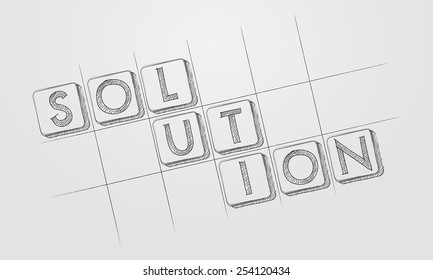 solution - text in hand-drawn style blocks in blueprint, business creative concept, vector