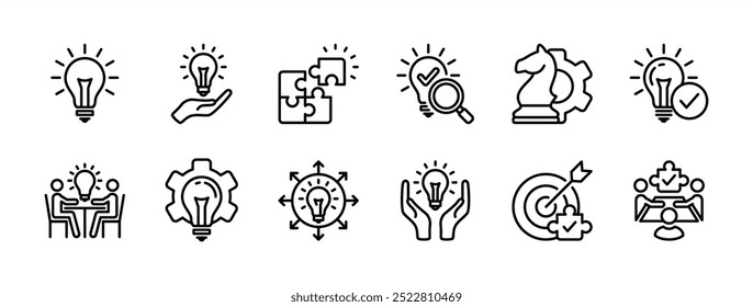 Conjunto de Vectores de icono de línea delgada de solución. Contiene resolución de problemas, bombilla, idea, estrategia, creatividad, innovación, reuniones, trabajo en equipo, conexión, gestión, rompecabezas, creativo, invención, rompecabezas